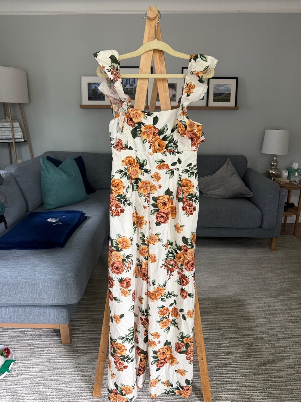 Mille Floral Wide-Leg Jumpsuit in white with Orange flowers, flutter sleeves